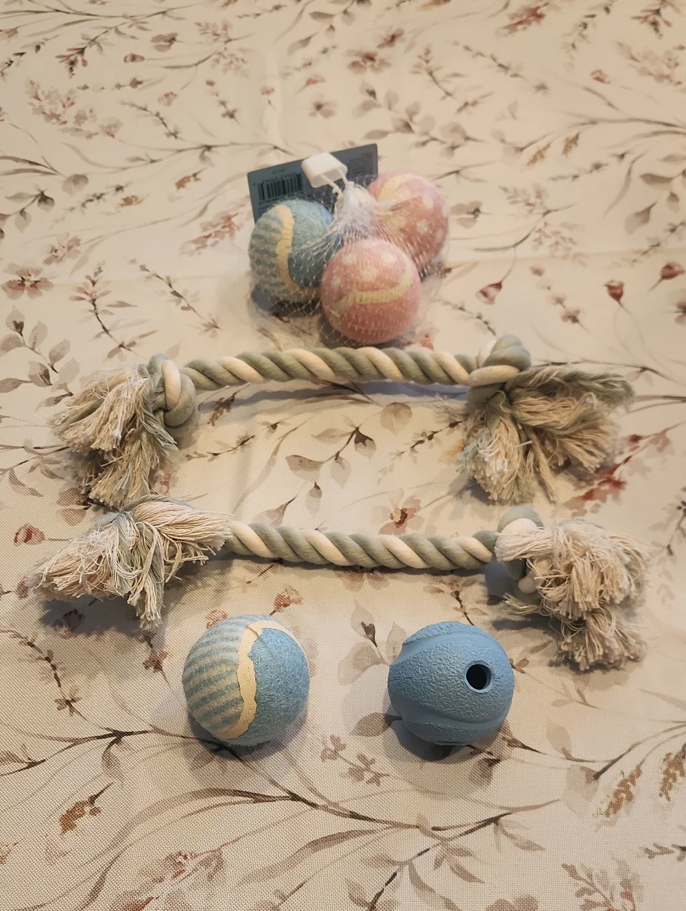 Dog Rope Tug Toy + Blue Fetch Balls - Pastel